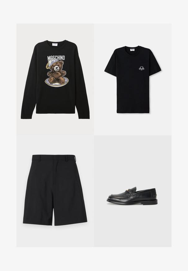 Juodas megztinis su piešiniu lokio, kuris dėvi skrybėlę, apsuptu lėkštės dizaino. Virš lokio parašyta "MOSCHINO".; Juodas medvilnės marškinėliai su apvalia iškirpte. Su mažo balto grafikos dizaino elementu krūtinėje. Trumpomis rankovėmis ir tiesiu pašonu.; Juodi šortai, pagaminti iš lygios medžiagos, su pritaikytu dizainu, turintys lygią priekį ir dvi šonines kišenes, bei reguliarią juosmenį.; Juodi odiniai loaferiai turi apvalų nykštį, siuvinėtus detalės ir mažą aukso akcentą priekyje. Padas yra plokščias ir diskretiškas.