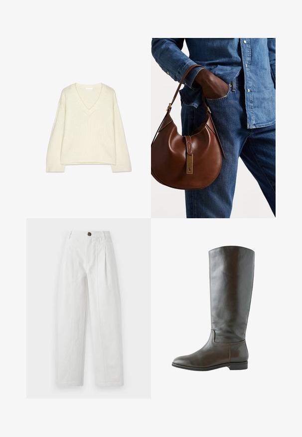Crème gebreide trui met V-hals en lange mouwen, met geribde manchetten en onderrand, en een relaxte, iets kortere pasvorm.; Witte langslavende shirt met een klassieke kraag, gemaakt van lichte stof, met een knoopsluiting aan de voorkant en een iets lose pasvorm.; Witte wijde broek van katoen met een textuurafwerking. Bevat een bruine knop, plooien en zijzakken.; Bruine leren kniehoge laars met een gladde textuur, ronde neus en minimale stikdetails. De zool is plat met een lage hak.; Bruine leren hobo tas met een rondvorm, voorzien van een gouden hardwareaccent en contrasterende stiksels. Gecombineerd met een denim shirt en jeans.