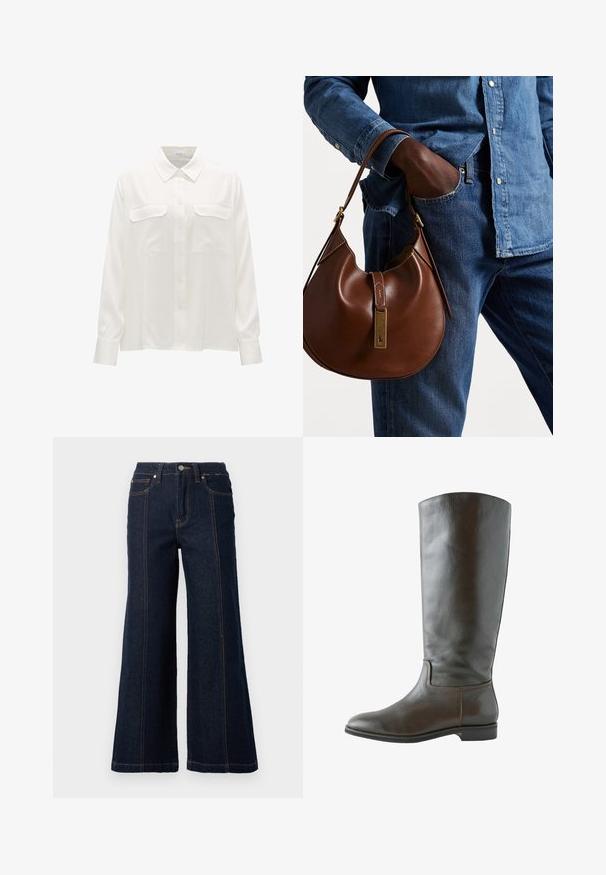 V-neck, long-sleeve sweater in cream knit, featuring ribbed cuffs and bottom hem, with a relaxed, slightly cropped fit.; Long-sleeved white shirt made from smooth fabric, featuring a classic collar, front button closure, and two chest pockets with flap accents.; Wide-leg jeans in dark denim. Features a high waist, two front pockets, and contrasting orange stitching along the seams.; Brown leather knee-high boot with a smooth texture, rounded toe, and minimal stitching detail. Sole is flat with a low heel.; Brown leather hobo bag with a rounded shape, featuring a gold hardware accent and contrast stitching. Paired with a denim shirt and jeans.