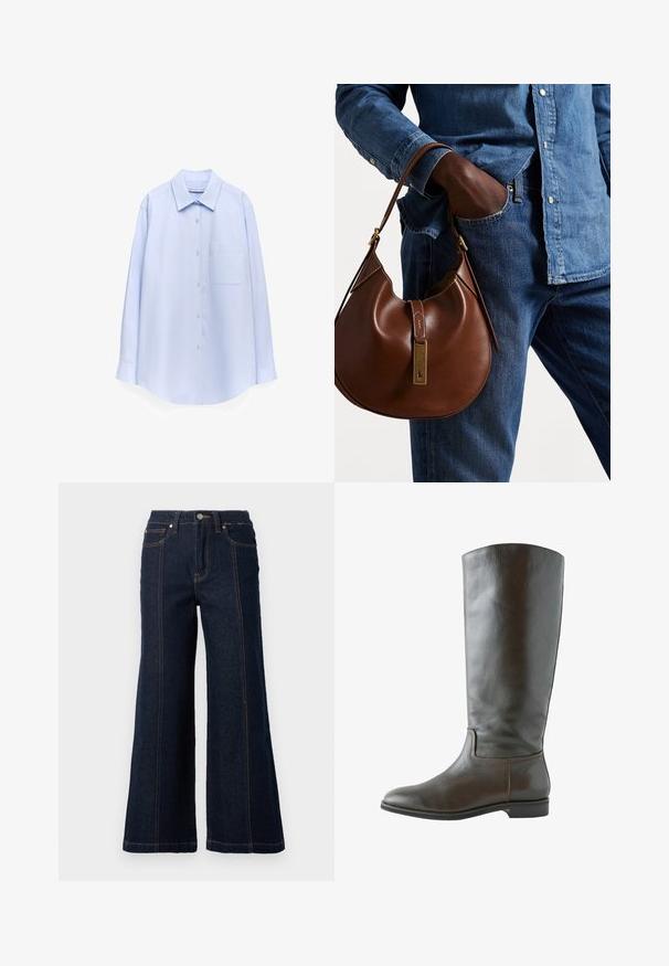 Maglione a V con maniche lunghe in punto crema, caratterizzato da polsini e orlo a coste, con una vestibilità rilassata e leggermente cropped.; Camicia azzurra a maniche lunghe con colletto a punta e taschino sul petto, esposta appesa su uno sfondo bianco.; Jeans a gamba larga in denim scuro. Presentano una vita alta, due tasche davanti e cuciture arancioni a contrasto lungo le cuciture.; Stivale in pelle marrone fino al ginocchio con texture liscia, punta arrotondata e dettagli di cucitura minimi. La suola è piatta con un tacco basso.; Borsa hobo in pelle marrone con una forma arrotondata, dotata di dettagli in hardware dorato e cuciture a contrasto. Abbinata a una camicia di jeans e a un paio di jeans.