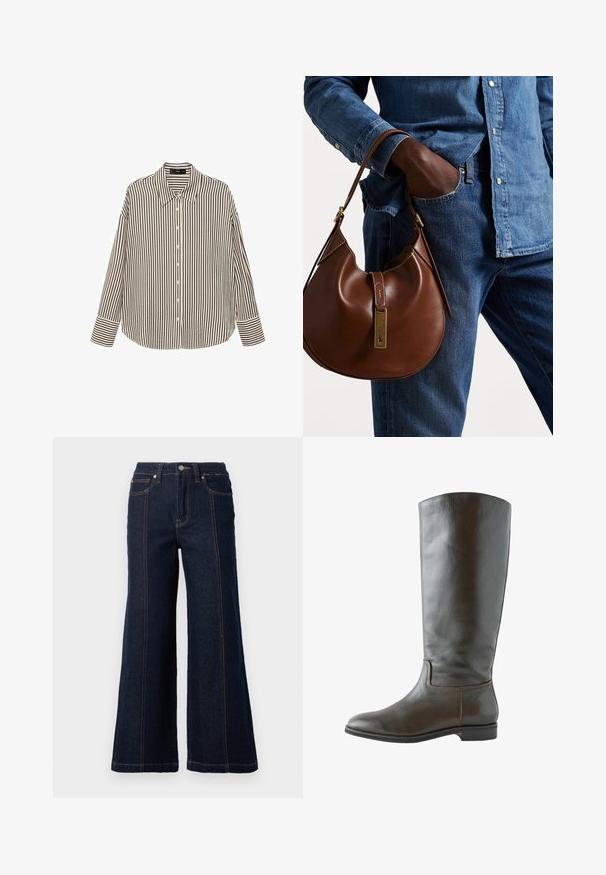 Pulover z V-izrezom in dolgimi rokavi v kremni pletenini, ki ima rebraste manšete in spodnji rob ter sproščen, rahlo skrajšan kroj.; Črtasta srajca z gumbi v kremni in črni barvi, z ovratnikom, dolgimi rokavi in sproščenim krojem s ravnim robom.; Široke jeans hlače v temnem denimu. Imajo visok pas, dva sprednja žepa in kontrastno oranžno šivanje ob šivih.; Rjave usnjene škornje do kolen z gladko teksturo, zaobljenim nosom in minimalnimi šivi. Podplat je raven z nizko peto.; Rjava usnjena hobo torba zaobljene oblike, ki vsebuje zlatokovinske dodatke in kontrastno šivanje. V kombinaciji z denim srajco in kavbojkami.