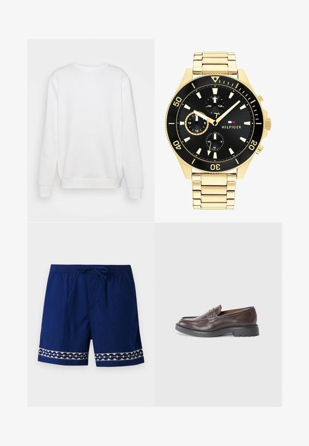 Sweatshirt blanc à col rond, à manches longues, avec des bords côtelés aux manches et à l'ourlet. Texture lisse, design uni, sans logos ou motifs visibles.; Shorts de bain bleu marine avec une taille élastique, un cordon de serrage, et des accents brodés de couleur claire à l'ourlet présentant des motifs géométriques.; Mocassins en cuir marron avec une finition lisse, bout rond, couture minimaliste et une épaisse semelle en caoutchouc noir. Aucun matériel ou accent visible.; Montre en métal doré avec un cadran noir, des marqueurs lumineux et trois sous-cadrans. Présente un bracelet texturé et le logo "HILFIGER" au centre.; Boucles d'oreilles en croix dorées avec une finition lisse et une boucle suspendue, présentant un design simple et allongé. Chaque croix est de taille uniforme.