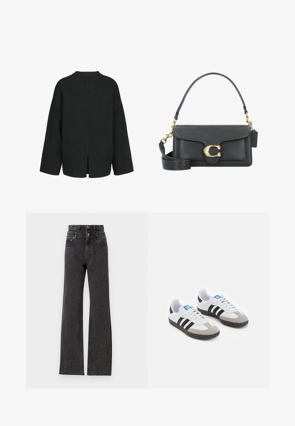 Crni oversized pulover od teksturiranog pletiva. Ima okrugli izrez, spuštene ramena i bočne proreze na rubu.; Crne hlače visokog struka imaju ravne nogavice, suptilne oštećene detalje i metalne dugmadi na struku.; Sportske cipele s gornjištem od bijele kože, sivi suedinasti nos i tri crne pruge. Imaju plavi logo na jeziku i teksturiranu gumenu podlogu.; Crna kožna torba s zlatnim hardverom, koja ima prepoznatljivu kopču, odvojivi remen za ramen, te teksturiranu površinu.