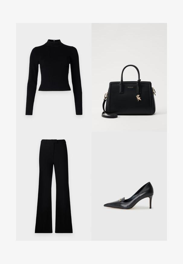 Melna rievota augsta apkakles džemperis ar garām piedurknēm un pieguļošu siluetu, ar gludu tekstūru un aizmugurē esošu rāvējslēdzēju.; Melnas paplašinātas bikses ar gludu tekstūru, pielāgotu jostasvietu un priekšējām kabatām, veidotas ar elegantu, mūsdienīgu siluetu.; Melnas ādas sūkņi ar norādītu pirkstu, zemu griezumu un dekoratīvu zelta akcentu. Iezīmējas ar stiletto papēdi un gludu tekstūru.; Melnas ādas rokas soma ar strukturētu dizainu, dubultiem augšējiem rokturiem, noņemamu plecu siksnu, zelta aparatūru un logo piekariņu akcentu.