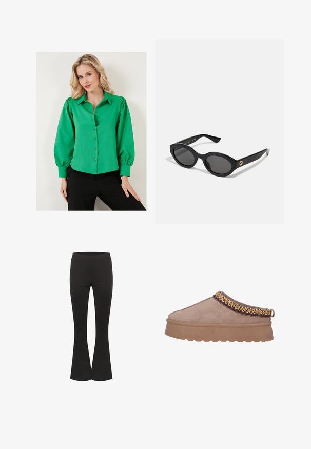 Black sweatshirt featuring two horizontal cream stripes, ribbed neckline, and logo at the center. Cuffs have similar stripe detail.; Green button-up shirt with puffed sleeves, made from a smooth fabric. Features a collar and lined buttons at the front. Worn with black bottoms.; Black flared pants with a fitted waist and smooth fabric, shown upright against a white background.; Brown suede slip-on shoe with a thick, textured sole, featuring intricate yellow and brown embroidery along the upper edge.; Black oval sunglasses with dark lenses and glossy plastic frame. Features gold logo on the temple, offering a sleek and modern design.