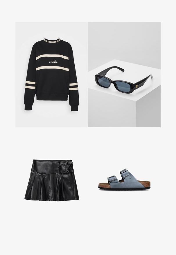 Svart sweatshirt med två horisontella krämfärgade ränder, ribbad halsringning och logotyp i mitten. Ärmavsluten har liknande randdetalj.; Svart läderkjol med veck, bred midjeband och två spänneaccent på sidan. Slät textur med en glansig finish.; Tvåremmade sandaler i mjukt blått läder med korkfotbädd och svart gummisula. Har glänsande silverfärgad spännen på varje rem.; Svarta rektangulära solglasögon med tonade blå linser, tjocka bågar och en gyllene cirkulär detalj på sidan. Slät, glänsande yta.; Burgundy handväska i syntetmaterial med en strukturerad design, som har ett avtagbart band och en scarf med blommönster knuten vid handtaget.