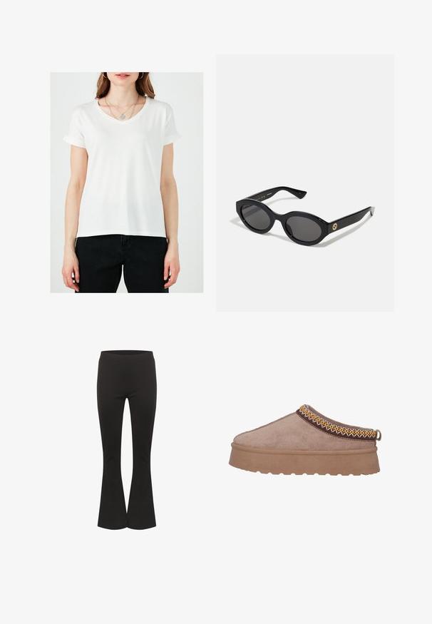 Sudadera negra con dos franjas crema horizontales, cuello acanalado y logo en el centro. Los puños tienen un detalle de franjas similar.; Camiseta blanca de cuello en V con mangas cortas enrolladas, hecha de una tela suave. Tiene un corte recto y se lleva con pantalones negros.; Pantalones de campana negros con cintura ajustada y tela suave, mostrados en posición vertical contra un fondo blanco.; Zapato marrón de ante sin cordones con una suela gruesa y texturizada, que presenta un intrincado bordado amarillo y marrón a lo largo del borde superior.; Gafas de sol negras en forma ovalada con lentes oscuros y montura de plástico brillante. Presenta un logo dorado en la patilla, ofreciendo un diseño elegante y moderno.