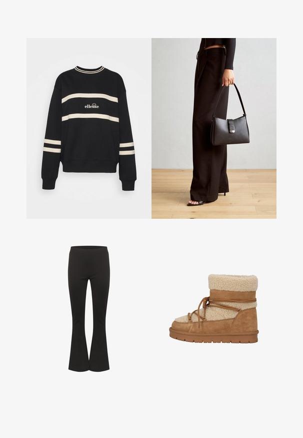 Schwarzer Pullover mit zwei horizontalen cremefarbenen Streifen, geripptem Kragen und Logo in der Mitte. Die Ärmelbündchen haben ähnliche Streifenverzierungen.; Schwarze Schlaghosen mit einem taillierten Bund und glattem Stoff, aufrecht vor einem weißen Hintergrund präsentiert.; Braune Wildleder-Stiefelette mit cremefarbener Schafslederfutter, ausgestattet mit einem Schnürdesign und einer strukturierten Gummisohle für besseren Halt und Langlebigkeit.; Schwarze Handtasche mit strukturierter Form, glatter Textur und einem metallischen Verschluss. Kombiniert mit weiten schwarzen Hosen und offenen Sandalen auf einem Holzboden.