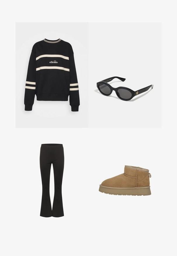 Sudadera negra con dos franjas crema horizontales, cuello acanalado y logo en el centro. Los puños tienen un detalle de franjas similar.; Pantalones de campana negros con cintura ajustada y tela suave, mostrados en posición vertical contra un fondo blanco.; Botín de ante marrón con suave forro de piel, puntera redonda y suela de goma plana. Presenta una costura decorativa y una tira en el talón.; Gafas de sol negras en forma ovalada con lentes oscuros y montura de plástico brillante. Presenta un logo dorado en la patilla, ofreciendo un diseño elegante y moderno.