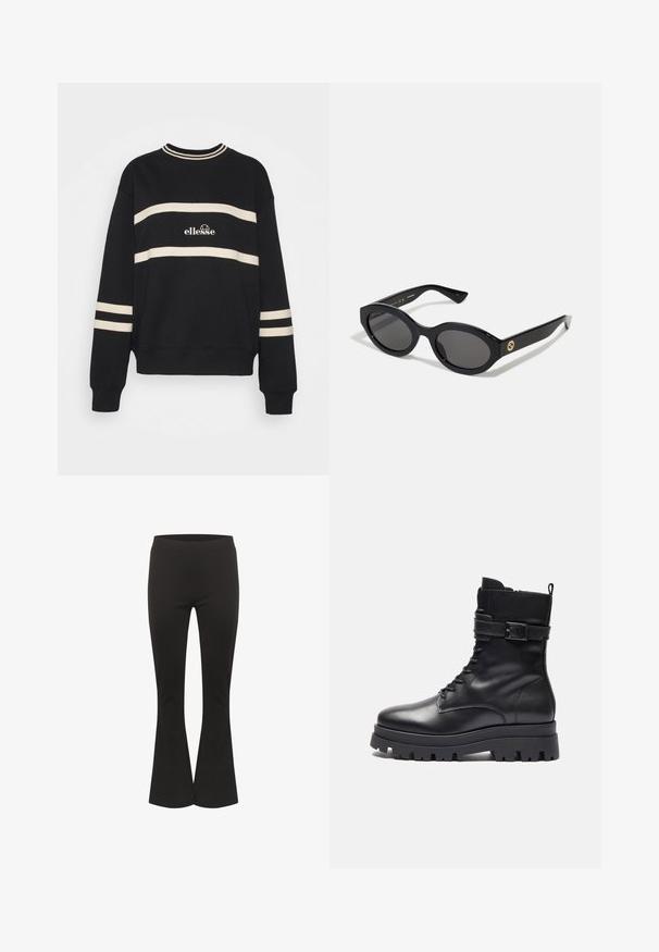 Schwarzer Pullover mit zwei horizontalen cremefarbenen Streifen, geripptem Kragen und Logo in der Mitte. Die Ärmelbündchen haben ähnliche Streifenverzierungen.; Schwarze Schlaghosen mit einem taillierten Bund und glattem Stoff, aufrecht vor einem weißen Hintergrund präsentiert.; Schwarze Leder-Stiefelette mit runder Zehenpartie, Schnürung vorne, Schnallendetail an der Seite und robuster Gummisohle.; Schwarze ovale Sonnenbrille mit dunklen Gläsern und glänzendem Kunststoffrahmen. Mit goldenem Logo am Bügel, das ein elegantes und modernes Design bietet.