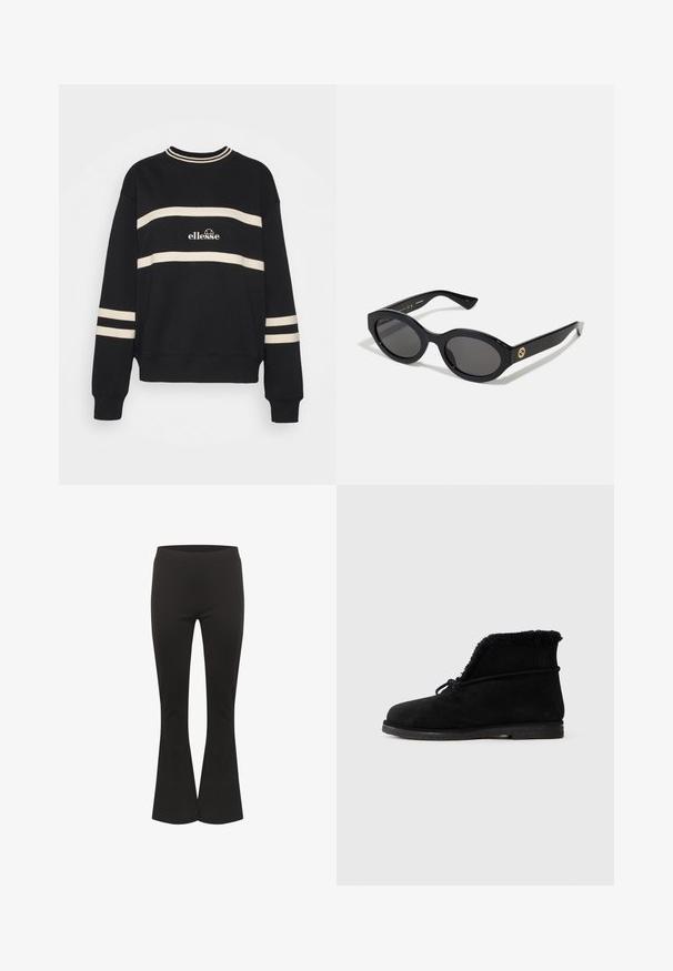 Felpa nera con due strisce orizzontali color crema, colletto a coste e logo al centro. I polsini presentano dettagli simili con le strisce.; Pantaloni neri a zampa d'elefante con vita aderente e tessuto liscio, mostrati in posizione eretta su uno sfondo bianco.; Stivaletto in suede nero con fodera in pelliccia visibile all'apertura e un lacci legati attorno alla parte superiore.; Occhiali da sole neri a forma ovale con lenti scure e montatura in plastica lucida. Presentano un logo dorato sulla stanghetta, offrendo un design elegante e moderno.