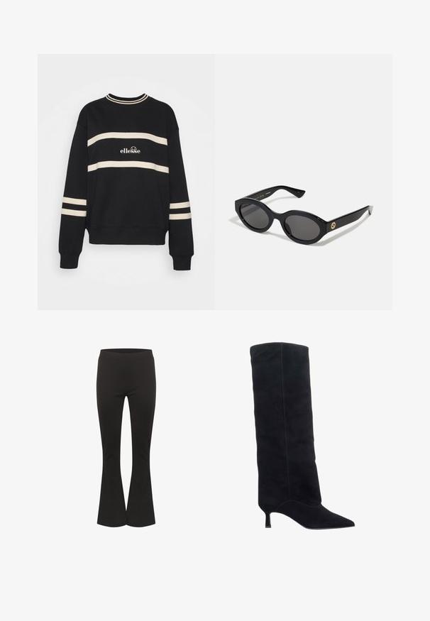 Czarny sweatshirt z dwoma poziomymi kremowymi paskami, z prążkowanym dekoltem i logo na środku. Rękawy mają podobny detal w paski.; Czarne spódnie w kształcie dzwonów z dopasowanym stanem i gładkim materiałem, pokazane w pozycji pionowej na białym tle.; Czarne zamszowe wysokie botki do kolan z szpiczastym noskiem i smukłym obcasem. Szwy dodają tekstury; gładkie wykończenie podkreśla elegancki design.; Czarne okulary przeciwsłoneczne w owalnym kształcie z ciemnymi szkłami i błyszczącą plastikową oprawką. Posiadają złote logo na zausznniku, co nadaje im elegancki i nowoczesny wygląd.
