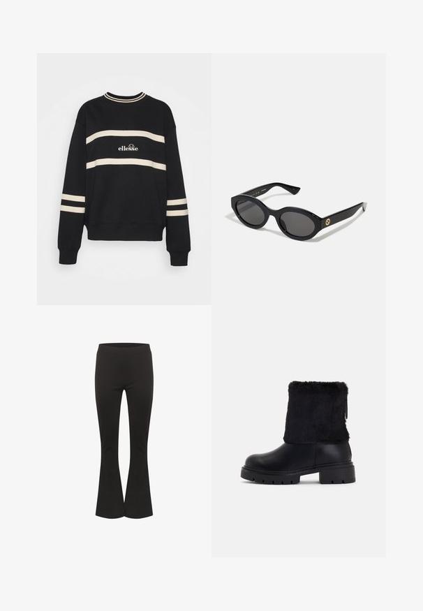 Fekete pulóver, két vízszintes krém csíkkal, bordázott nyakkal és középen logóval. Az ujjak hasonló csíkozással rendelkeznek.; Fekete harangszárú nadrág, amelynek derékrésze illeszkedő és sima anyagból készült, fehér háttér előtt álló helyzetben bemutatva.; Fekete boka csizmák sima bőr alapja és texturált műszőrme mandzsettája van. Vastag, bordázott gumitalp a tapadás érdekében.; Fekete ovális napszemüveg sötét lencsékkel és fényes műanyag kerettel. Aranyszínű logóval rendelkezik a szárán, amely elegáns és modern megjelenést biztosít.