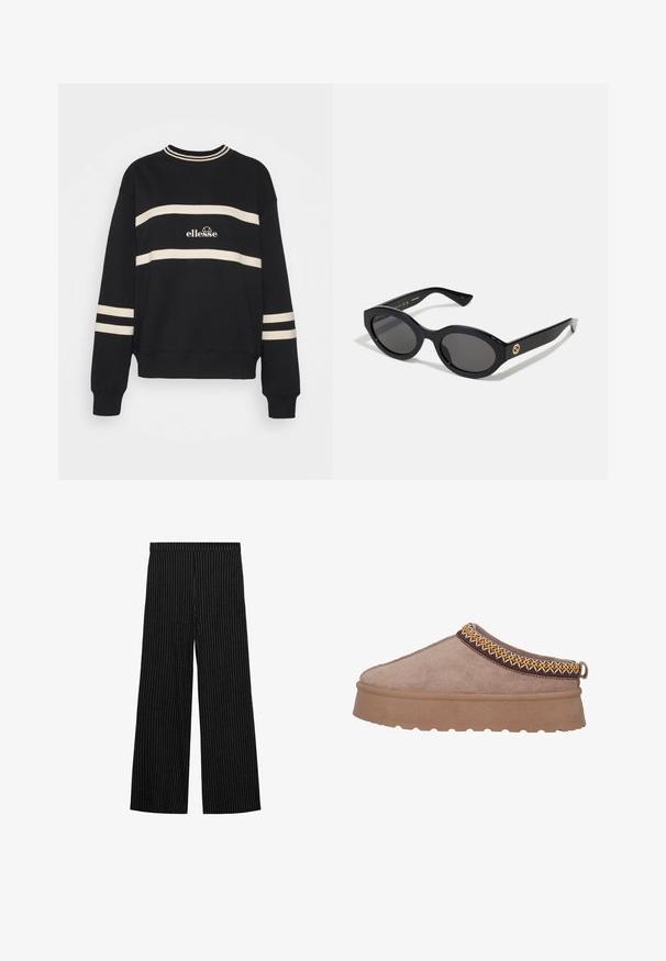 Sweatshirt noir avec deux rayures crème horizontales, col côtelé et logo au centre. Les poignets ont également des détails de rayures similaires.; Pantalons larges noirs avec un motif de rayures verticales. Taille élastique, tissu léger et texture lisse sur toute la surface.; Une chaussure slip-on en suède marron avec une semelle épaisse et texturée, ornée de broderies délicates jaunes et brunes le long du bord supérieur.; Lunettes de soleil ovales noires avec des verres sombres et une monture en plastique brillant. Présente un logo doré sur la branche, offrant un design épuré et moderne.