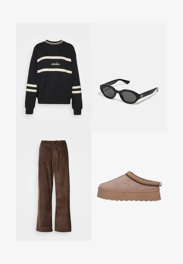 Schwarzer Pullover mit zwei horizontalen cremefarbenen Streifen, geripptem Kragen und Logo in der Mitte. Die Ärmelbündchen haben ähnliche Streifenverzierungen.; Braune Corduroy-Hosen mit weitem Bein, die vertikale Rippungen und einen Bund aufweisen. Der Stoff hat ein weiches, strukturiertes Aussehen.; Braune Wildlederschlupfschuhe mit einer dicken, strukturierten Sohle, die eine kunstvolle gelbe und braune Stickerei entlang des oberen Randes aufweisen.; Schwarze ovale Sonnenbrille mit dunklen Gläsern und glänzendem Kunststoffrahmen. Mit goldenem Logo am Bügel, das ein elegantes und modernes Design bietet.