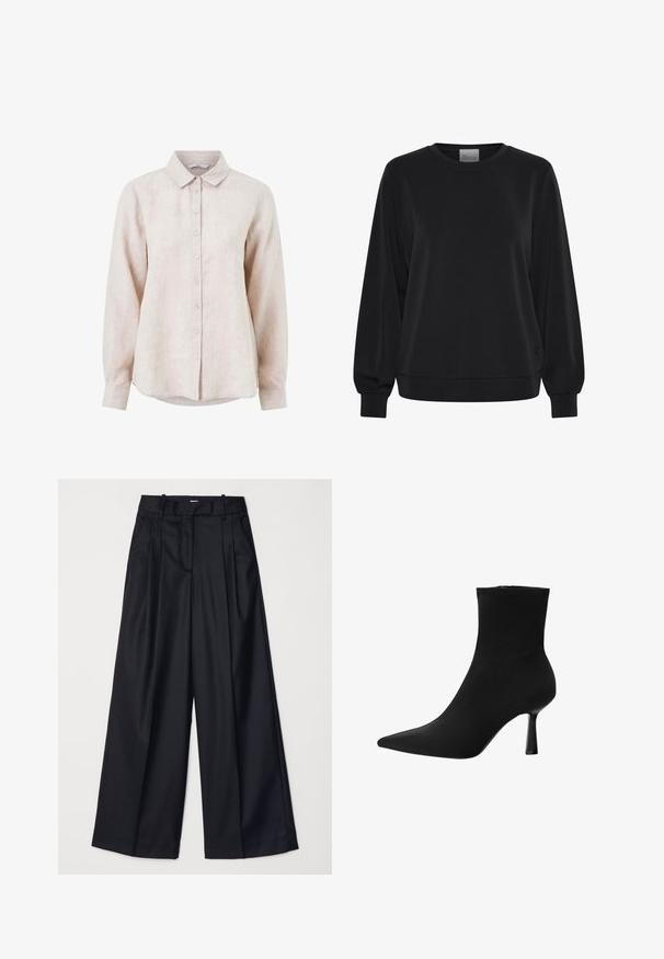 Felpa nera con maniche lunghe, colletto a giro e polsini a coste. Presenta una texture liscia e un discreto dettaglio del logo sul davanti.; Camicia in lino color beige chiaro con colletto, maniche lunghe e chiusura con bottoni frontali. Presenta un motivo texturizzato sottile.; Pantaloni neri a gamba larga realizzati in un tessuto morbido, con vita alta, pieghe e un design sartoriale. Finiture semplici in nero in vita.; Stivale alla caviglia nero realizzato in tessuto liscio, con punta appuntita e tacco a stiletto sottile, dal design senza soluzione di continuità e senza hardware visibile.