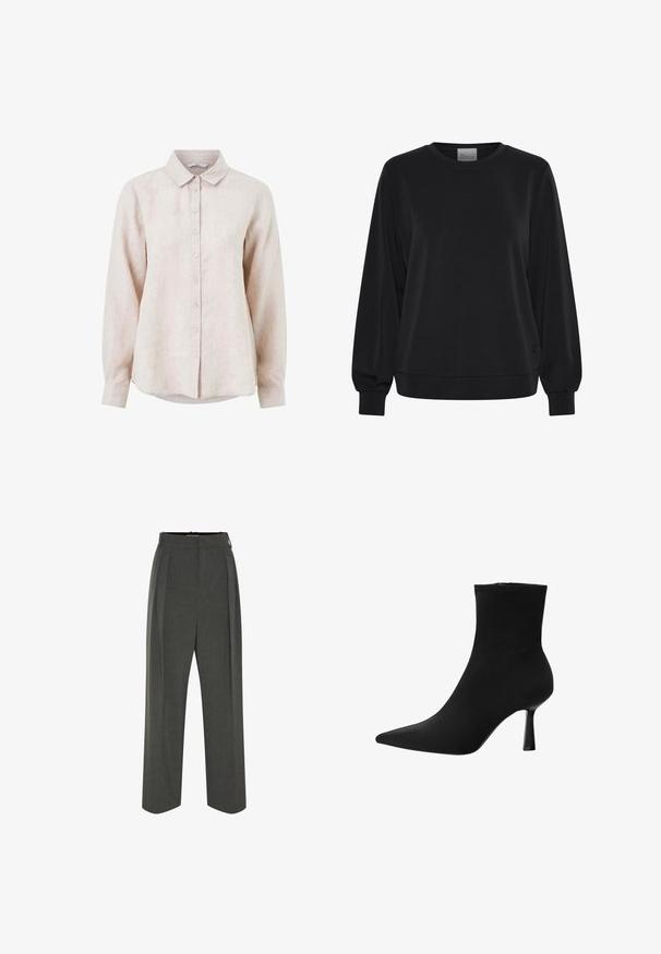 Sort sweatshirt med lange ærmer, rund hals og ribbede manchetter. Har en glat tekstur og et diskret logo-detalje på fronten.; Lys beige linned skjorte med krave, lange ærmer og knaplukning foran. Har et subtilt struktureret mønster.; Grå skræddersyede bukser med høj talje, der har pressefolder, bred benstil og en glat tekstur. Lukkes med en diskret lynlås.; Sort ankelstøvle lavet af glat stof, med spids tå og slank stilettohæl, i et sømløst design uden synligt hardware.