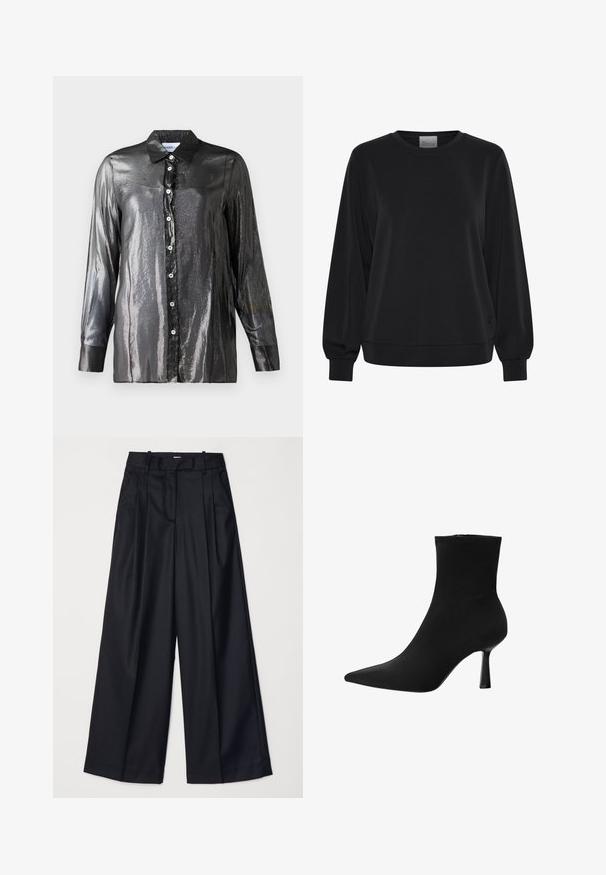 Fekete pulóver hosszú ujjakkal, kerek nyakkivágással és bordás mandzsettával. Simább textúrával rendelkezik, és egy diszkrét logórészlet található az elülső részén.; Fekete, fényes gombos ing, fénylő textúrával, hosszú ujjal és klasszikus gallérral. Az elején fehér gombok találhatóak.; Fekete, széles lábú nadrág sima anyagból, magas derekú, pliszékkel és elegáns kialakítással. Egyszerű fekete kiegészítők a dereknál.; Fekete bokacsizma sima anyagból, hegyes orral és vékony tűsarkúval, zökkenőmentes dizájnnal és látható hardver nélküli kivitelben.