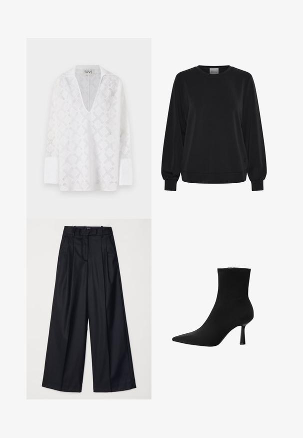 Felpa nera con maniche lunghe, colletto a giro e polsini a coste. Presenta una texture liscia e un discreto dettaglio del logo sul davanti.; Camicia bianca a maniche lunghe con scollo a V profondo, caratterizzata da un motivo a rombi e tessuto testurizzato. Etichetta con la scritta 'TOVE'.; Pantaloni neri a gamba larga realizzati in un tessuto morbido, con vita alta, pieghe e un design sartoriale. Finiture semplici in nero in vita.; Stivale alla caviglia nero realizzato in tessuto liscio, con punta appuntita e tacco a stiletto sottile, dal design senza soluzione di continuità e senza hardware visibile.