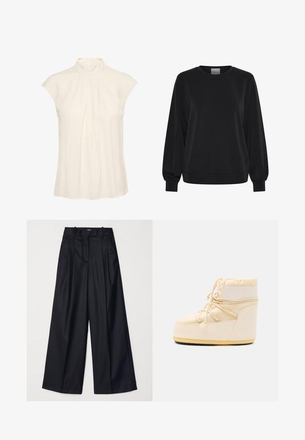 Sort sweatshirt med lange ærmer, rund hals og ribbede manchetter. Har en glat tekstur og et diskret logo-detalje på fronten.; Ærmeløs bluse i creme med høj hals, med plisseringer foran, glat tekstur og en afslappet pasform.; Sorte breddebenede bukser lavet af glat stof, med høj talje, læg og skræddersyet design. Enkel sort hardware i talje.; Lyse beige Moon Boot med rund tå, snørret lukning og tekstureret gummisål. Har hvid branding og glatte syntetiske materialer.