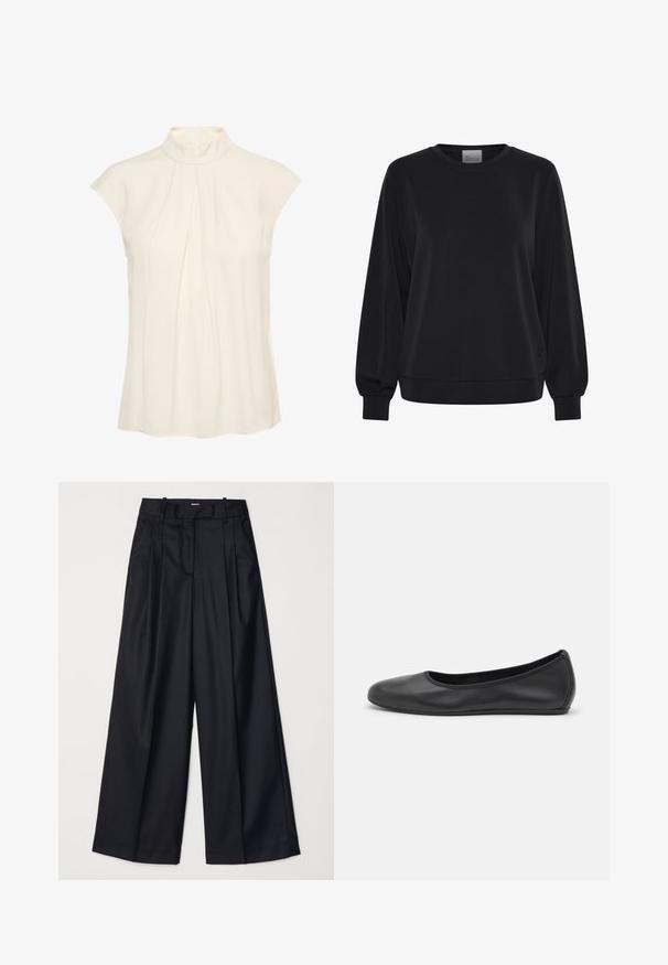 Sort sweatshirt med lange ærmer, rund hals og ribbede manchetter. Har en glat tekstur og et diskret logo-detalje på fronten.; Ærmeløs bluse i creme med høj hals, med plisseringer foran, glat tekstur og en afslappet pasform.; Sorte breddebenede bukser lavet af glat stof, med høj talje, læg og skræddersyet design. Enkel sort hardware i talje.; Sort læderballetsko med rund tå, glat tekstur, minimal syning og et fleksibelt såldesign.