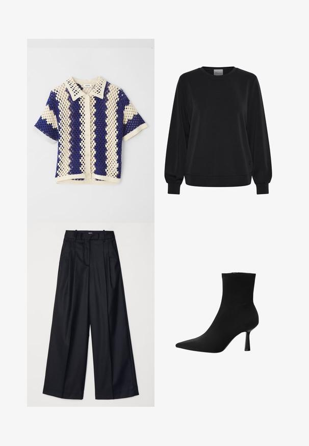 Čierna mikina s dlhými rukávmi, okrúhlym výstrihom a rebrovanými manžetami. Má hladkú textúru a jemný detail loga vpredu.; Krátky rukáv pletená košeľa s golierom, s diamantovým vzorom v krémovej a námorníckej modrej, s predným zapínaním na gombíky a textúrovaným povrchom.; Čierne široké nohavice vyrobené z hladkej tkaniny, so zvýšeným pásom, plisovaním a strihom na mieru. Jednoduché čierne kovanie v oblasti pásu.; Čierne členkové čižmy z hladkej látky, s špicatou špičkou a štíhlým stiletto podpätkom, s bezšvovým dizajnom a bez viditeľných kovových častí.