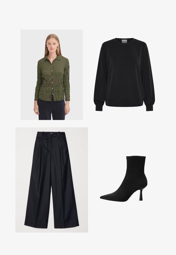Schwarzer Pullover mit langen Ärmeln, Rundhalsausschnitt und gerippten Bündchen. Hat eine glatte Textur und ein dezentes Logodetail auf der Vorderseite.; Langärmeliges Hemd mit Knopfleiste, das ein geometrisches Muster in Grün und Braun aufweist, mit einem kragenförmigen Ausschnitt und subtiler Textur.; Schwarze weit geschnittene Hosen aus glattem Stoff, mit hoher Taille, Falten und einer taillierten Passform. Einfaches schwarzes Zubehör an der Taille.; Schwarze Knöchelstiefel aus glattem Stoff, mit spitzem Fuß und schmalem Stiletto-Absatz, nahtlosem Design und ohne sichtbare Beschläge.