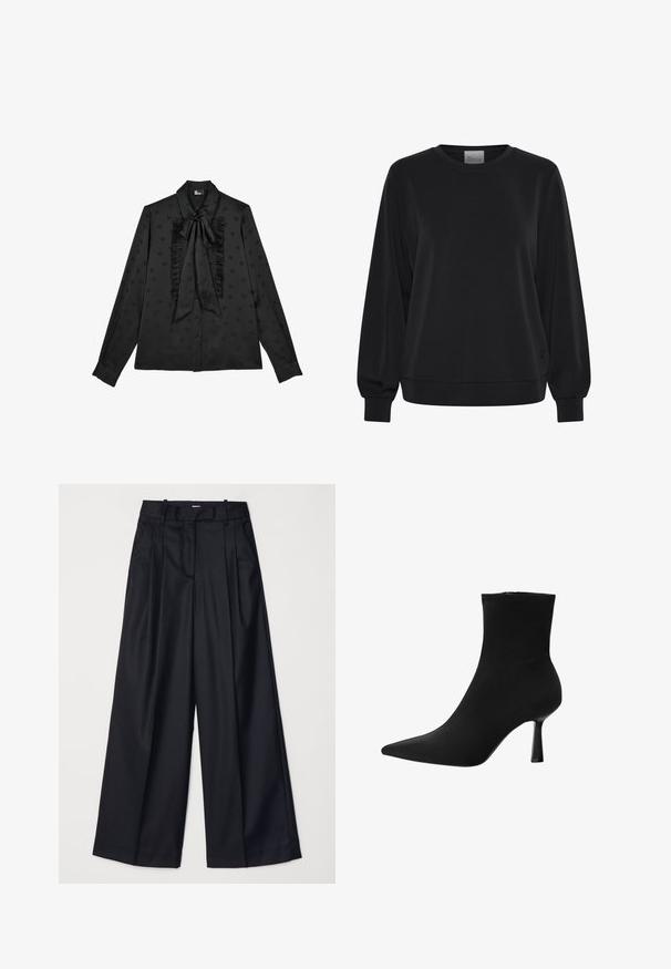 Felpa nera con maniche lunghe, colletto a giro e polsini a coste. Presenta una texture liscia e un discreto dettaglio del logo sul davanti.; The Kooples Camicia - black; Pantaloni neri a gamba larga realizzati in un tessuto morbido, con vita alta, pieghe e un design sartoriale. Finiture semplici in nero in vita.; Stivale alla caviglia nero realizzato in tessuto liscio, con punta appuntita e tacco a stiletto sottile, dal design senza soluzione di continuità e senza hardware visibile.