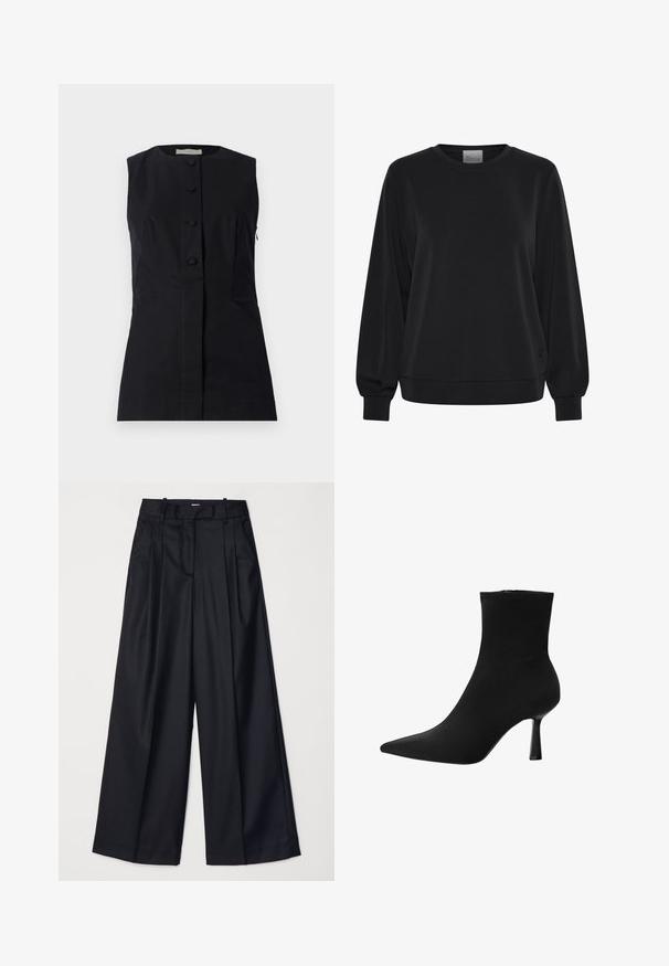 Felpa nera con maniche lunghe, colletto a giro e polsini a coste. Presenta una texture liscia e un discreto dettaglio del logo sul davanti.; Faithfull the brand JENNEIU - Top - black; Pantaloni neri a gamba larga realizzati in un tessuto morbido, con vita alta, pieghe e un design sartoriale. Finiture semplici in nero in vita.; Stivale alla caviglia nero realizzato in tessuto liscio, con punta appuntita e tacco a stiletto sottile, dal design senza soluzione di continuità e senza hardware visibile.