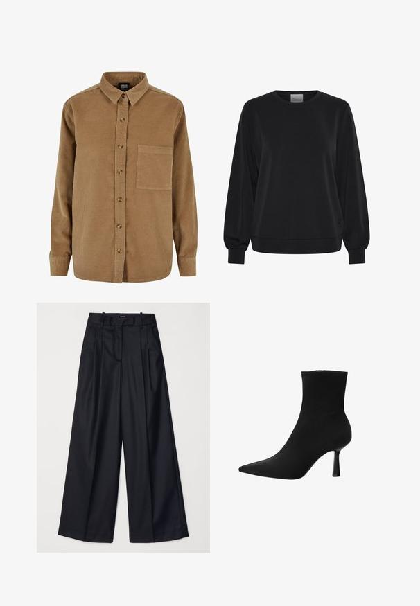 Felpa nera con maniche lunghe, colletto a giro e polsini a coste. Presenta una texture liscia e un discreto dettaglio del logo sul davanti.; Camicia in velluto a coste marrone con apertura a bottone, colletto a punta, maniche lunghe e taschino sul petto. Presenta una sottile texture verticale e bottoni marroni.; Pantaloni neri a gamba larga realizzati in un tessuto morbido, con vita alta, pieghe e un design sartoriale. Finiture semplici in nero in vita.; Stivale alla caviglia nero realizzato in tessuto liscio, con punta appuntita e tacco a stiletto sottile, dal design senza soluzione di continuità e senza hardware visibile.