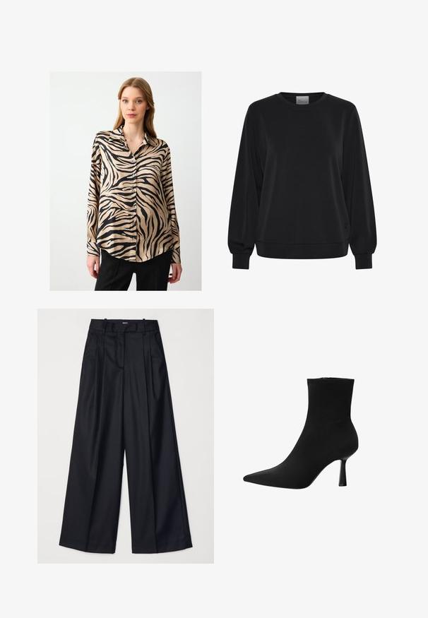 Felpa nera con maniche lunghe, colletto a giro e polsini a coste. Presenta una texture liscia e un discreto dettaglio del logo sul davanti.; Blusa a maniche lunghe in tessuto setoso, con una base beige e righe zebrate nere. Chiusura con bottoni davanti, colletto classico e orlo curvo.; Pantaloni neri a gamba larga realizzati in un tessuto morbido, con vita alta, pieghe e un design sartoriale. Finiture semplici in nero in vita.; Stivale alla caviglia nero realizzato in tessuto liscio, con punta appuntita e tacco a stiletto sottile, dal design senza soluzione di continuità e senza hardware visibile.