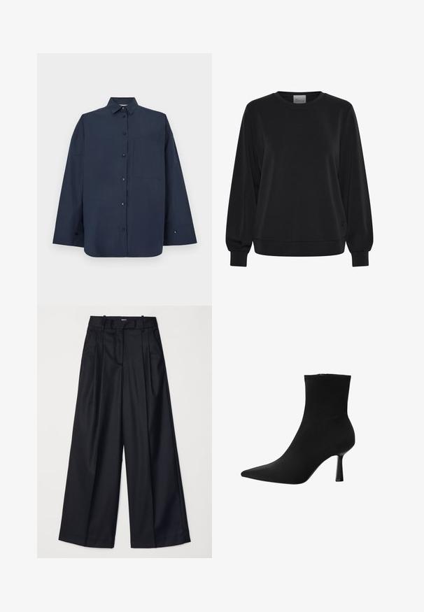Svart sweatshirt med långa ärmar, rundad halsringning och ribbade muddar. Har en mjuk textur och en subtil logotypdetalj på framsidan.; Marinblå skjorta med långa armar, knappar framtill, krage och en bröstficka, på vit bakgrund.; Svarta vida byxor i slät tyg, med hög midja, veck och skräddarsydd design. Enkel svart detalj vid midjan.; Svart ankle boot gjord av slät tyg, med spetsig tå och smal stilettklack, med en sömlös design och ingen synlig hårdvara.