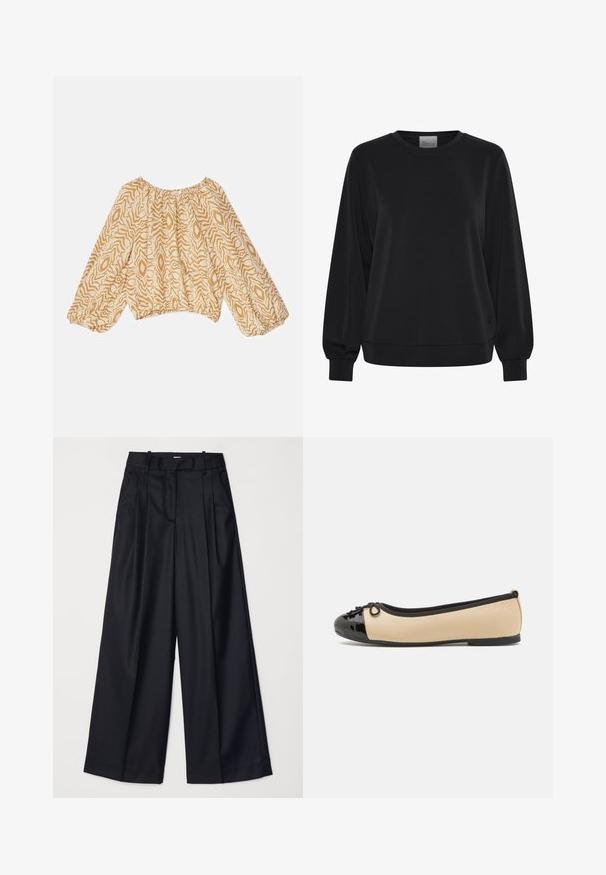 Mustmustöös pikkade varrukatega, ümar kaelus ja soonikkoesed varrukad. Omab siledat tekstuuri ja peent logodetaili esiküljel.; Kerge beeži pluus, millel on abstraktne laineline muster tumedamates toonides. Omab rüüsile volditud kaelust ja volangilisi, elastseid varrukaid.; Mustad laiad püksid, mis on valmistatud sileda kangaga, kõrge vöökoha, voldikute ja vormitud disainiga. Vöökoha juures on lihtne must riistvara.; Ballettisandaalid beežist nahast ülaosa ja läikiva musta lakknahast varbakattega. Esiküljel on väike paeladetail. Tasane tald.