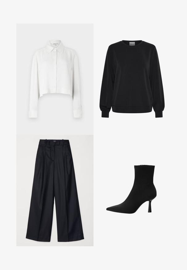 Hanorac negru cu mâneci lungi, guler rotund și manșete ribbate. Prezintă o textură netedă și un detaliu subtil al logo-ului în față.; Cămașă albă scurtă, cu mâneci lungi, cu închidere cu nasturi și guler clasic. Material neted cu manșete structurate și un design minimalist.; Pantaloni negri cu picioare late, confecționați dintr-un material neted, având talie înaltă, plii și un design croitorie. Accesorii simple negre la talie.; Botină neagră până la gleznă, confecționată dintr-un material neted, cu vârf ascuțit și toc subțire stileto, având un design uniform și fără elemente de prindere vizibile.