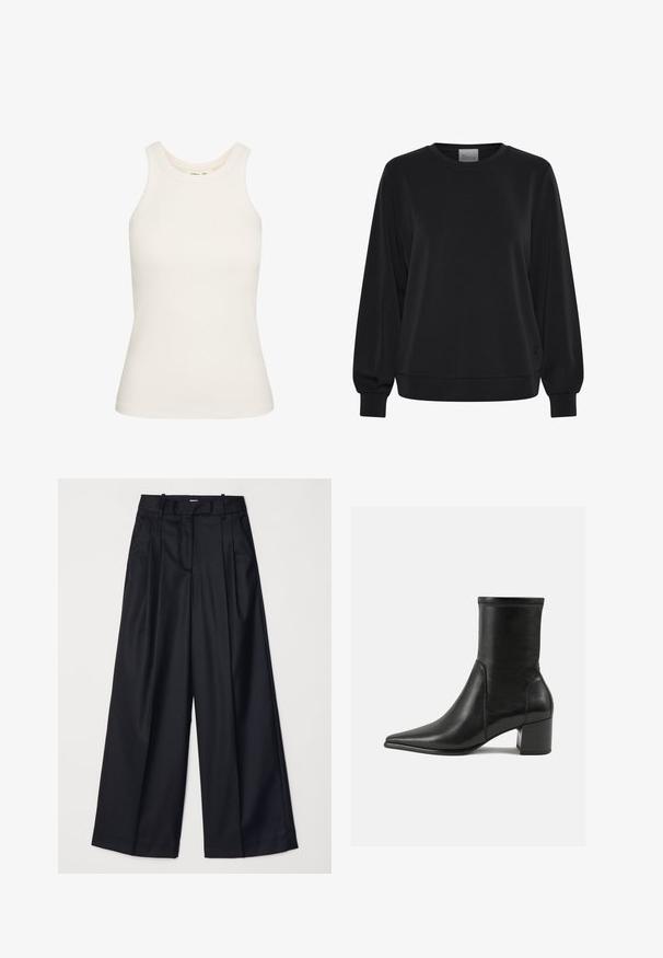 Black sweatshirt with long sleeves, crew neck, and ribbed cuffs. Features a smooth texture and a subtle logo detail on the front.; White tank top made of stretchy ribbed fabric, featuring a round neckline and sleeveless design. Smooth texture, fitted shape.; Black wide-leg trousers made of smooth fabric, featuring a high waist, pleats, and a tailored design. Simple black hardware at the waist.; Black ankle boot made of smooth leather, featuring a pointed toe, a block heel, and distinct raised stitching at the top edge.