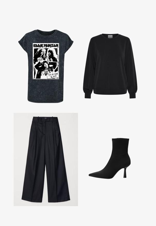 Čierna mikina s dlhými rukávmi, okrúhlym výstrihom a rebrovanými manžetami. Má hladkú textúru a jemný detail loga vpredu.; Grafická T-shirt s jemnou, tmavošedou tkaninou. Centrálny čierno-biely potlač troch postáv s dlhými vlasmi, text znie "EDDIE MUNSON" a "TOHOTO ROKU JE TO MOJ ROK '86 DIEŤA."; Čierne široké nohavice vyrobené z hladkej tkaniny, so zvýšeným pásom, plisovaním a strihom na mieru. Jednoduché čierne kovanie v oblasti pásu.; Čierne členkové čižmy z hladkej látky, s špicatou špičkou a štíhlým stiletto podpätkom, s bezšvovým dizajnom a bez viditeľných kovových častí.