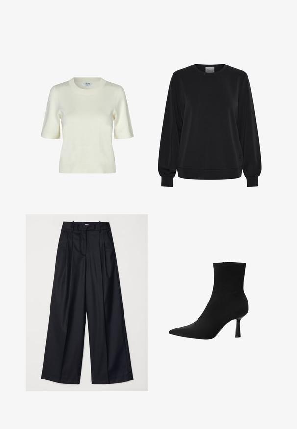 Czarna bluza z długimi rękawami, okrągłym dekoltem i ściągaczami. Posiada gładką teksturę i subtelny detal z logo z przodu.; Sweter z krótkim rękawem w kolorze ecru, z okrągłym dekoltem i gładką, miękką fakturą. Prosty i klasyczny design.; Czarne spodnie o szerokich nogawkach, wykonane z gładkiego materiału, z wysokim stanem, zakładkami i dopasowanym krojem. Proste czarne elementy metalowe w talii.; Czarny botek sięgający kostki, wykonany z gładkiego materiału, z charakterystycznym spiczastym noskiem i smukłym obcasem w stylu szpilki, o jednolitej konstrukcji i bez widocznych elementów metalowych.