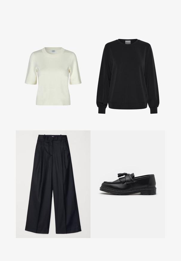 Mustapaita pitkähihaisilla, pyöreällä kaula-aukolla ja ribbineittohuvuilla. Siinä on sileä pinta ja huomaamaton logoyksityiskohta edessä.; Lyhythihainen villapaita off-white-värissä, jossa on pyöreä pääntie ja sileä, pehmeä rakenne. Yksinkertainen ja klassinen muotoilu.; Musta leveälahkeinen housut, jotka on valmistettu sileästä kankaasta. Niissä on korkea vyötärö, laskoksia ja räätälöity muotoilu. Yksinkertaiset mustat metalliosat vyötäröllä.; Musta nahkainen loaferi, jossa on tupsuletku, brodeeratut yksityiskohdat reunan ympärillä ja paksu kumipohja kestävyyttä varten.