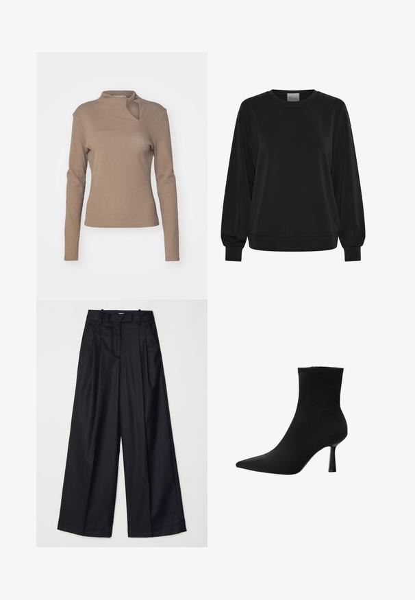 Mustapaita pitkähihaisilla, pyöreällä kaula-aukolla ja ribbineittohuvuilla. Siinä on sileä pinta ja huomaamaton logoyksityiskohta edessä.; Gestuz DREW KNOT - Pitkähihainen paita - shitake; Musta leveälahkeinen housut, jotka on valmistettu sileästä kankaasta. Niissä on korkea vyötärö, laskoksia ja räätälöity muotoilu. Yksinkertaiset mustat metalliosat vyötäröllä.; Musta nilkkuri, joka on valmistettu sileästä kankaasta, terävällä kärjellä ja hoikalla stiletto-korolla, saumatonta muotoilua ilman näkyvää varustusta.