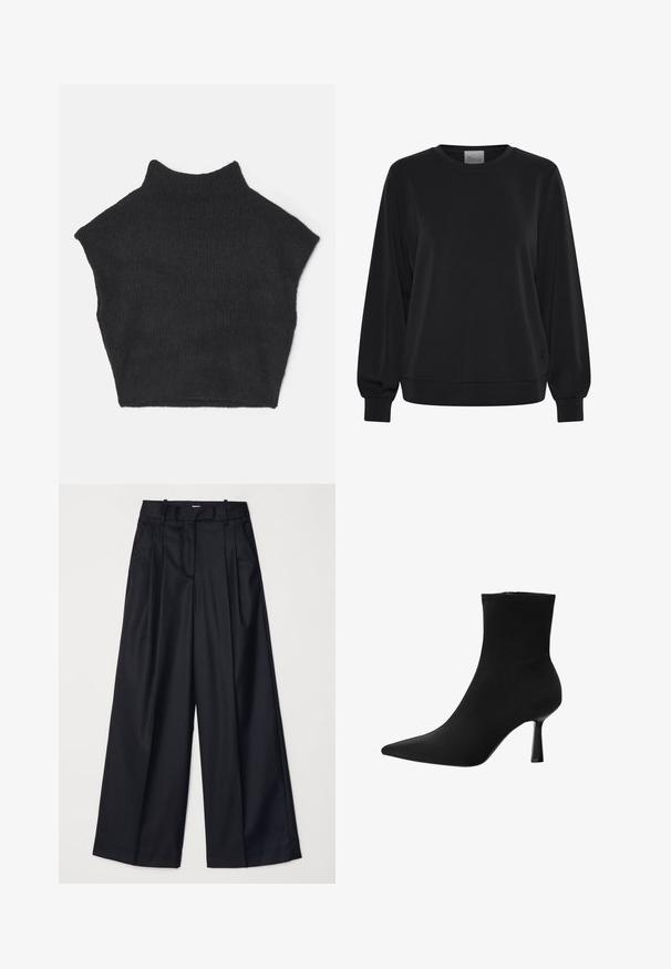 Hanorac negru cu mâneci lungi, guler rotund și manșete ribbate. Prezintă o textură netedă și un detaliu subtil al logo-ului în față.; Pulover din tricot negru, cu guler înalt și fără mâneci, având un design scurt și o textură moale.; Pantaloni negri cu picioare late, confecționați dintr-un material neted, având talie înaltă, plii și un design croitorie. Accesorii simple negre la talie.; Botină neagră până la gleznă, confecționată dintr-un material neted, cu vârf ascuțit și toc subțire stileto, având un design uniform și fără elemente de prindere vizibile.