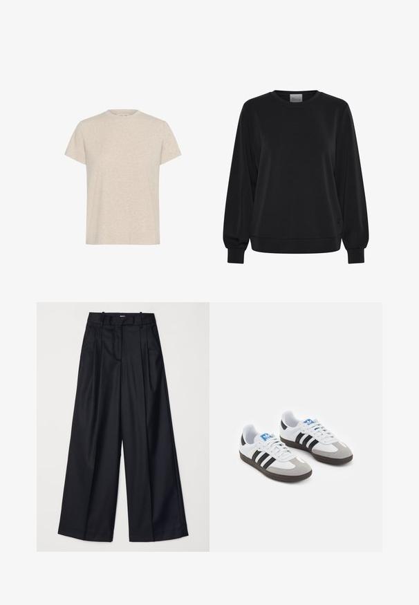 Sudadera negra de manga larga, con cuello redondo y puños acanalados. Presenta una textura suave y un sutil detalle de logo en la parte frontal.; Camiseta de manga corta beige fabricada con un tejido texturizado, con un cuello redondo clásico y un corte recto y relajado.; Pantalones de pierna ancha negros, confeccionados en una tela suave, con una cintura alta, pliegues y un diseño ajustado. Accesorios sencillos en negro en la cintura.; Zapatillas deportivas con parte superior de piel blanca, puntera de ante gris y tres rayas negras. Presentan un logo azul en la lengüeta y una suela de goma texturizada.