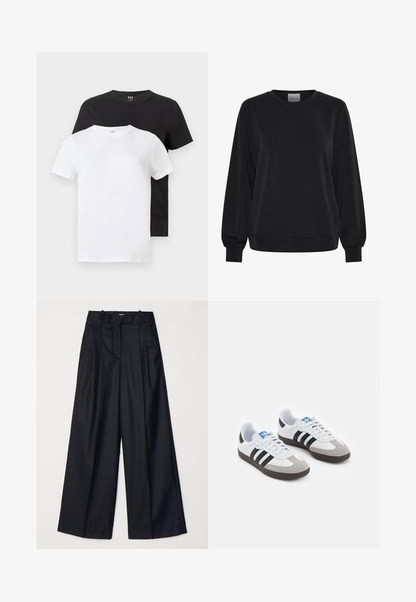 Čierna mikina s dlhými rukávmi, okrúhlym výstrihom a rebrovanými manžetami. Má hladkú textúru a jemný detail loga vpredu.; Dve tričká: jedno biele a jedno čierne, obe s krátkymi rukávmi a okrúhlym výstrihom, vyrobené z bavlny s hladkou štruktúrou.; Čierne široké nohavice vyrobené z hladkej tkaniny, so zvýšeným pásom, plisovaním a strihom na mieru. Jednoduché čierne kovanie v oblasti pásu.; Športové topánky s bielym koženým zvrškom, šedou semišovou špičkou a tromi čiernymi pruhmi. Obsahujú modré logo na jazyku a štruktúrovanú gumovú podrážku.