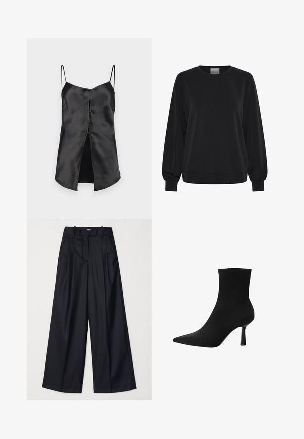 Zwarte sweatshirts met lange mouwen, ronde hals en geribde manchetten. Kenmerkt zich door een gladde textuur en een subtiel logo detail aan de voorkant.; Zwarte satijnen camisole met dunne bandjes, met een knoopsluiting aan de voorkant en een splitzoom voor extra detail. Soepele textuur en minimalistisch ontwerp.; Zwarte wijde broek van soepel materiaal, met een hoge taille, plooien en een getailleerd ontwerp. Eenvoudige zwarte details bij de taille.; Zwarte enkelboot gemaakt van gladde stof, met een spitse neus en een slanke stilettohak, met een naadloos ontwerp en zonder zichtbare hardware.