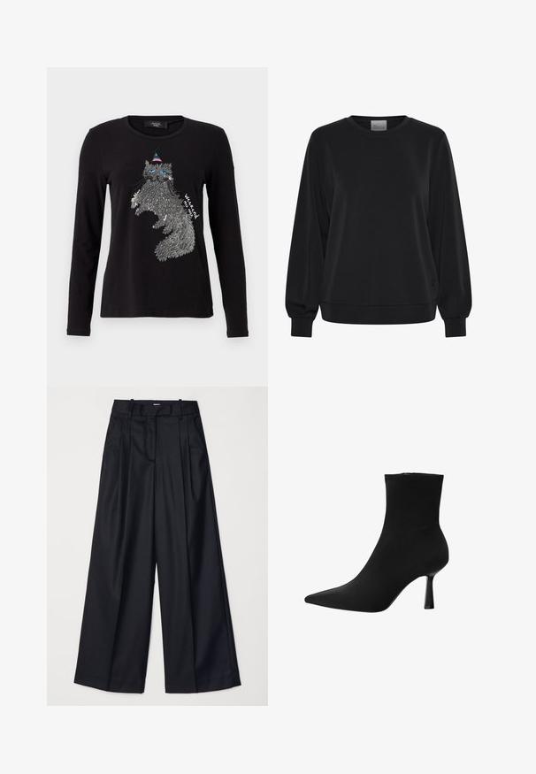Zwarte sweatshirts met lange mouwen, ronde hals en geribde manchetten. Kenmerkt zich door een gladde textuur en een subtiel logo detail aan de voorkant.; WEEKEND MaxMara OPACO - Longsleeve - nero; Zwarte wijde broek van soepel materiaal, met een hoge taille, plooien en een getailleerd ontwerp. Eenvoudige zwarte details bij de taille.; Zwarte enkelboot gemaakt van gladde stof, met een spitse neus en een slanke stilettohak, met een naadloos ontwerp en zonder zichtbare hardware.