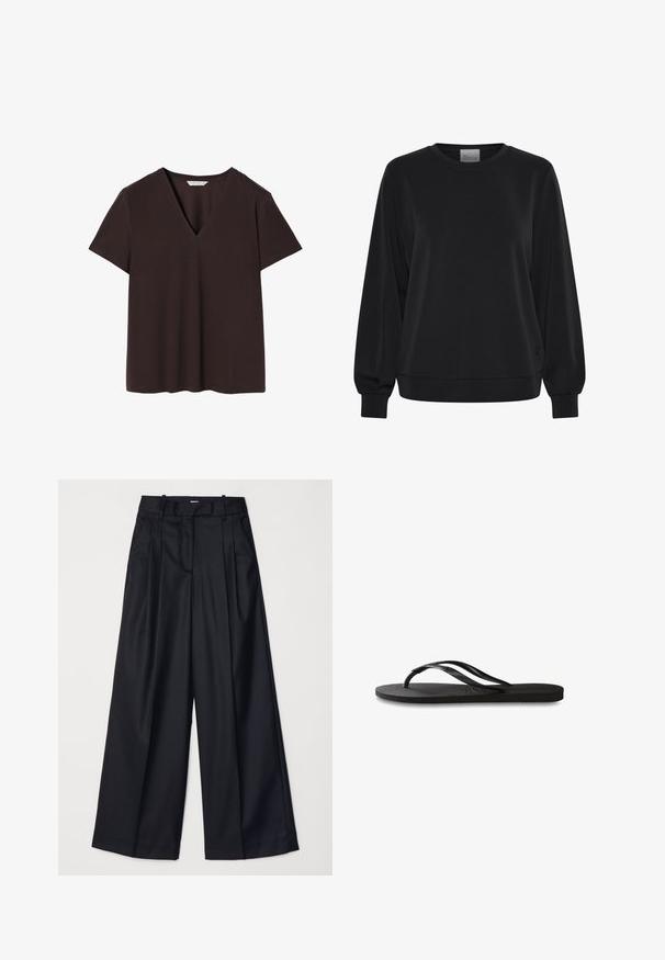 Zwarte sweatshirts met lange mouwen, ronde hals en geribde manchetten. Kenmerkt zich door een gladde textuur en een subtiel logo detail aan de voorkant.; Donkerbruine t-shirt van zacht stof, met een diepe V-hals, korte mouwen en een rechte zoom met subtiele stikdetails.; Zwarte wijde broek van soepel materiaal, met een hoge taille, plooien en een getailleerd ontwerp. Eenvoudige zwarte details bij de taille.; Zwarte flip-flop met een gestructureerde rubberen zool, twee slanke banden en een subtiele, ingedrukte logo-detail op de band.