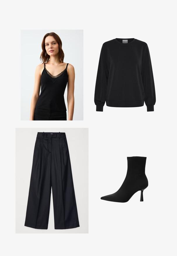 Schwarzer Pullover mit langen Ärmeln, Rundhalsausschnitt und gerippten Bündchen. Hat eine glatte Textur und ein dezentes Logodetail auf der Vorderseite.; Schwarzes Trägertop aus geripptem Stoff, mit Spitze entlang des V-Ausschnitts und verstellbaren dünnen Trägern. Glatte Textur und figurbetontes Design.; Schwarze weit geschnittene Hosen aus glattem Stoff, mit hoher Taille, Falten und einer taillierten Passform. Einfaches schwarzes Zubehör an der Taille.; Schwarze Knöchelstiefel aus glattem Stoff, mit spitzem Fuß und schmalem Stiletto-Absatz, nahtlosem Design und ohne sichtbare Beschläge.