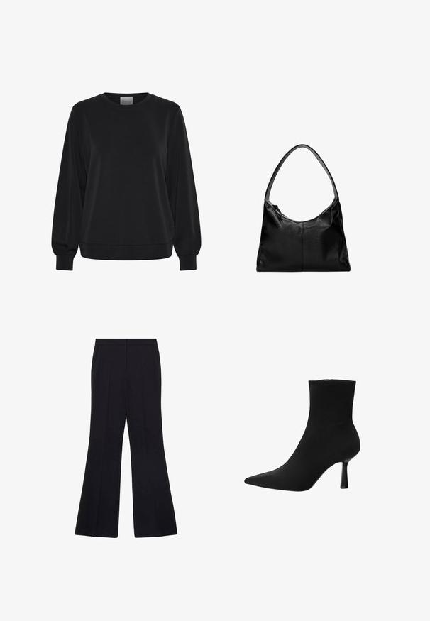 Črna majica s dolgimi rokavi, kroja z okroglim izrezom in rebrastimi manšetami. Ima gladko teksturo in diskretno logotipno podrobnost na sprednji strani.; Črne široke hlače iz gladkega materiala, s ravnim sprednjim delom, stranskimi žepi in krojem, ki zagotavlja strukturirano prileganje.; Črne gležnjarje iz gladkega materiala, z ostrim nosom in ozkim peto v obliki špice, brez vidnih strojnih delov in z brezšivno zasnovo.; Črna usnjena torba za ramo z gladko teksturo, ukrivljenim vrhom in enim trakom. Ima zadrgo in minimalističen dizajn.
