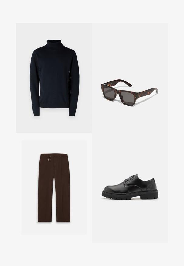 Dark navy turtleneck sweater made of soft, stretchy fabric. Features long sleeves and ribbed cuffs and hem. Simple, clean design.; Brown, wide-leg trousers made of smooth fabric with a zip closure and a carabiner clip as a notable accent, featuring two side pockets.; Black leather shoes with a rounded toe, lace-up design, and a thick, textured rubber sole. Features stitching along the edge and a smooth finish.; Tortoiseshell sunglasses with dark lenses, square frame, and silver accent studs on the front. Made of plastic, lightweight and durable.