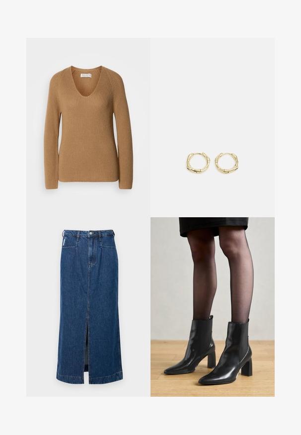 Bruine gebreide sweater met een V-hals, lange mouwen en een ribbelstructuur. Heeft een relaxte pasvorm en een minimalistisch ontwerp.; Donkerblauwe denim midi-jurk met een vooropening, vijf zakken en riemlussen in de taille. Gladde, stevige textuur.; Zwarte leren enkellaarsjes met een spitse neus, stevige vierkante hak en een fraaie uitstraling. Beschikt over elastische zijpanelen voor gemakkelijke aan- en uittrekken.; Gouden creolen met een textuur en onregelmatige vorm. Voorzien van een naadloze sluiting en een gepolijste afwerking, wat het moderne ontwerp benadrukt.
