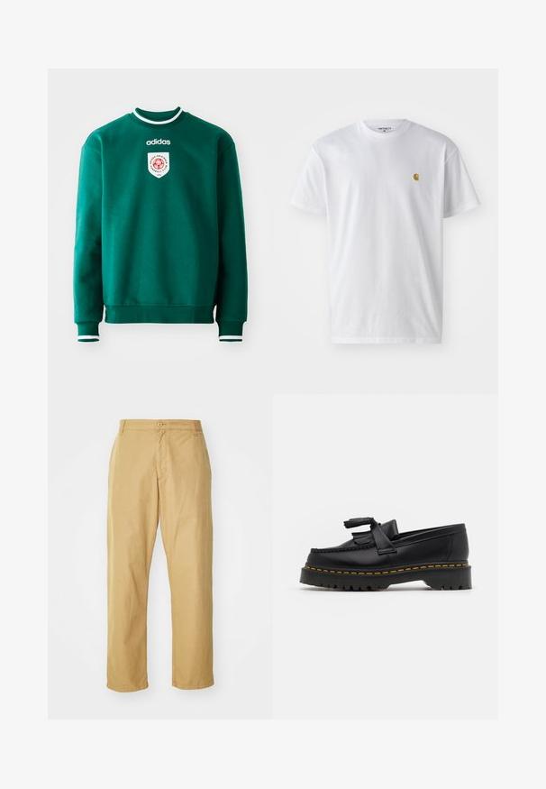 Grøn sweatshirt med rund hals, hvide detaljer ved kraven og cuffene, med et rundt logo på brystet. Lavet af blødt, struktureret materiale.; Hvid bomulds t-shirt med korte ærmer, rund hals og et lille guld logo på venstre brystområde. Blød tekstur og almindelig pasform.; Khaki chinos lavet af letvægtsstof med et lige ben-design, der har en frontknaplukning og sidelommer.; Sort læderloafer med en frynsedetalje, der har en kraftig sort sål og gul syninger langs kanten. Teksturert overflade.